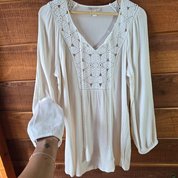 Krazy Kat Womens Ivory Floral Crochet Blouse L Tassels Boho Cottage Prairie - Picture 5 of 11